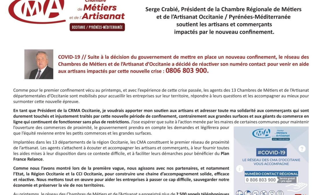 Le réseau des CMA de la Région d’Occitanie soutient les artisans impactés par le confinement.